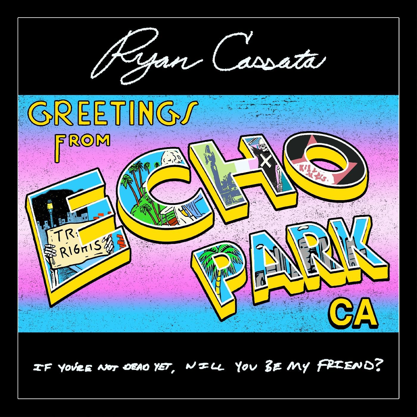 CD cover for Ryan Cassata’s “Greetings From Echo Park” with postcard imagery.