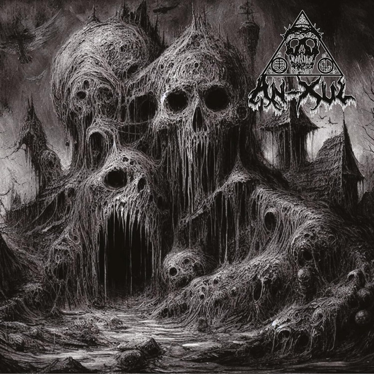 Black and white album cover depicting a skull-shaped castle and eerie landscape.