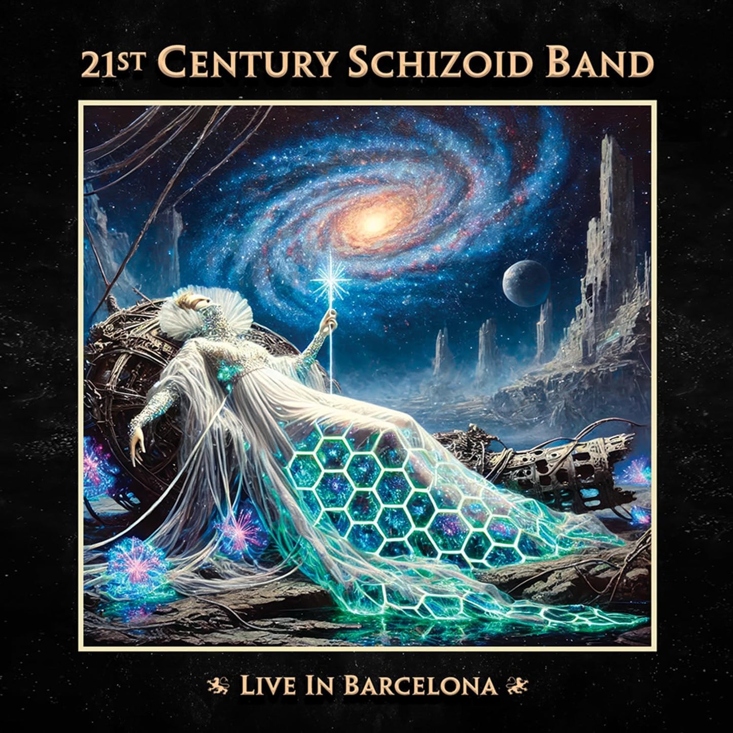 CD cover: surreal space scene with a figure holding a glowing staff.