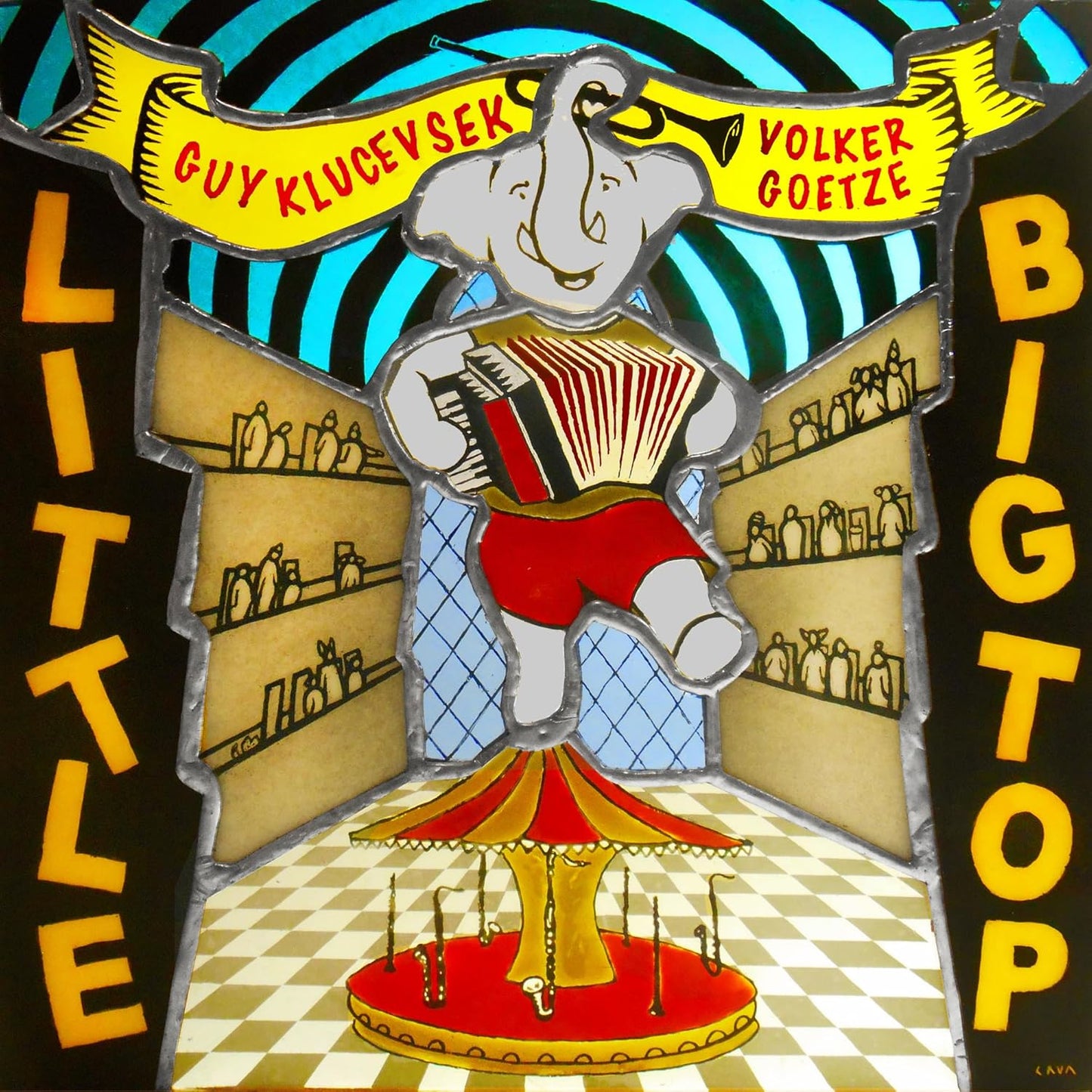 CD cover art: painted circus scene with an accordion-playing elephant.