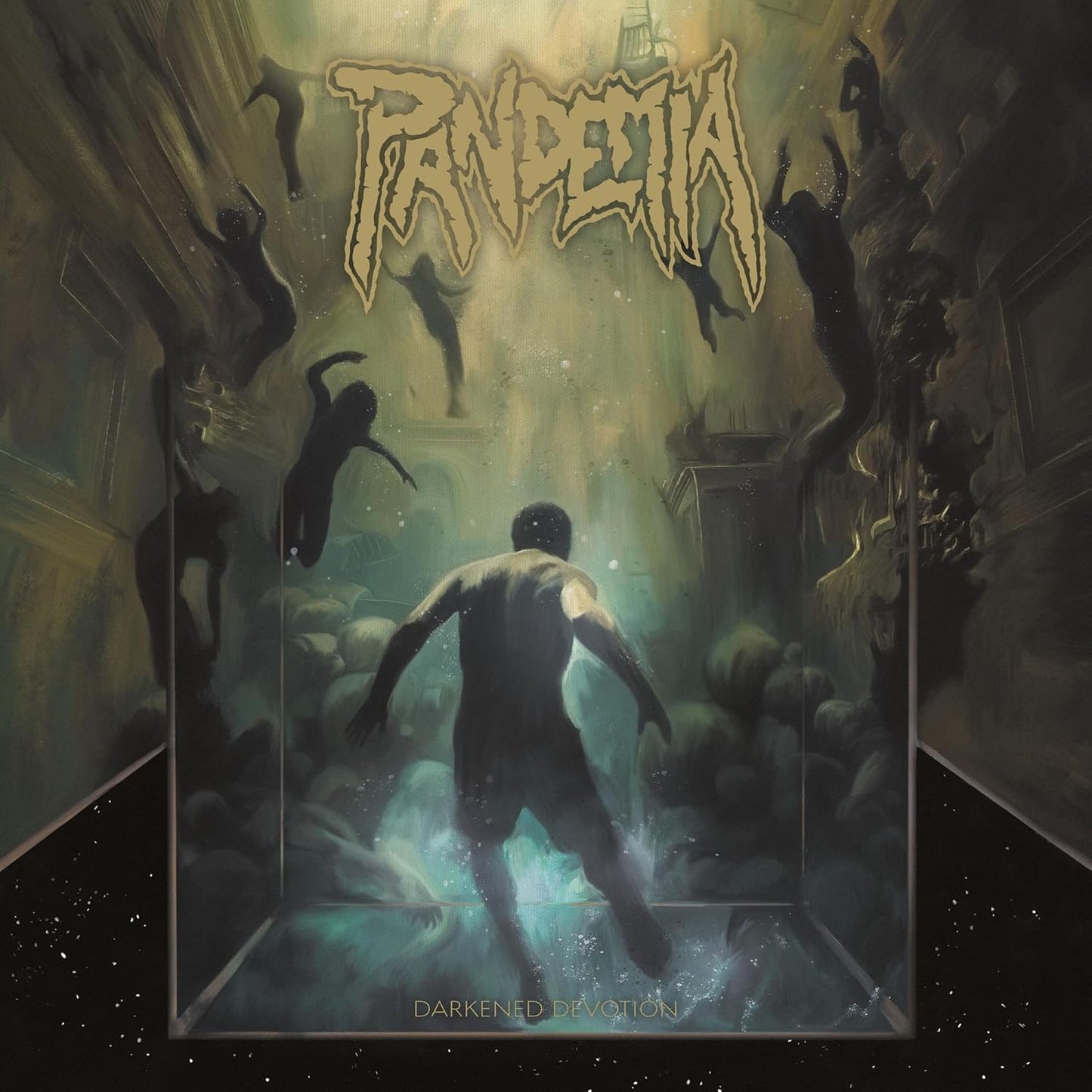 CD case for Pandemia's "Darkened Devotion" album, dark cover art.
