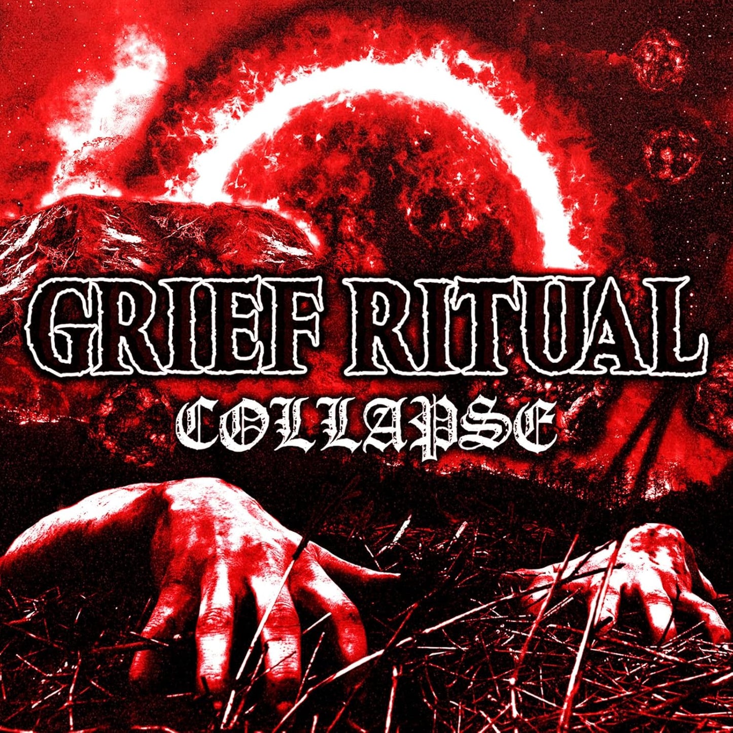 Red album cover with text "Grief Ritual Collapse" and outstretched hands.