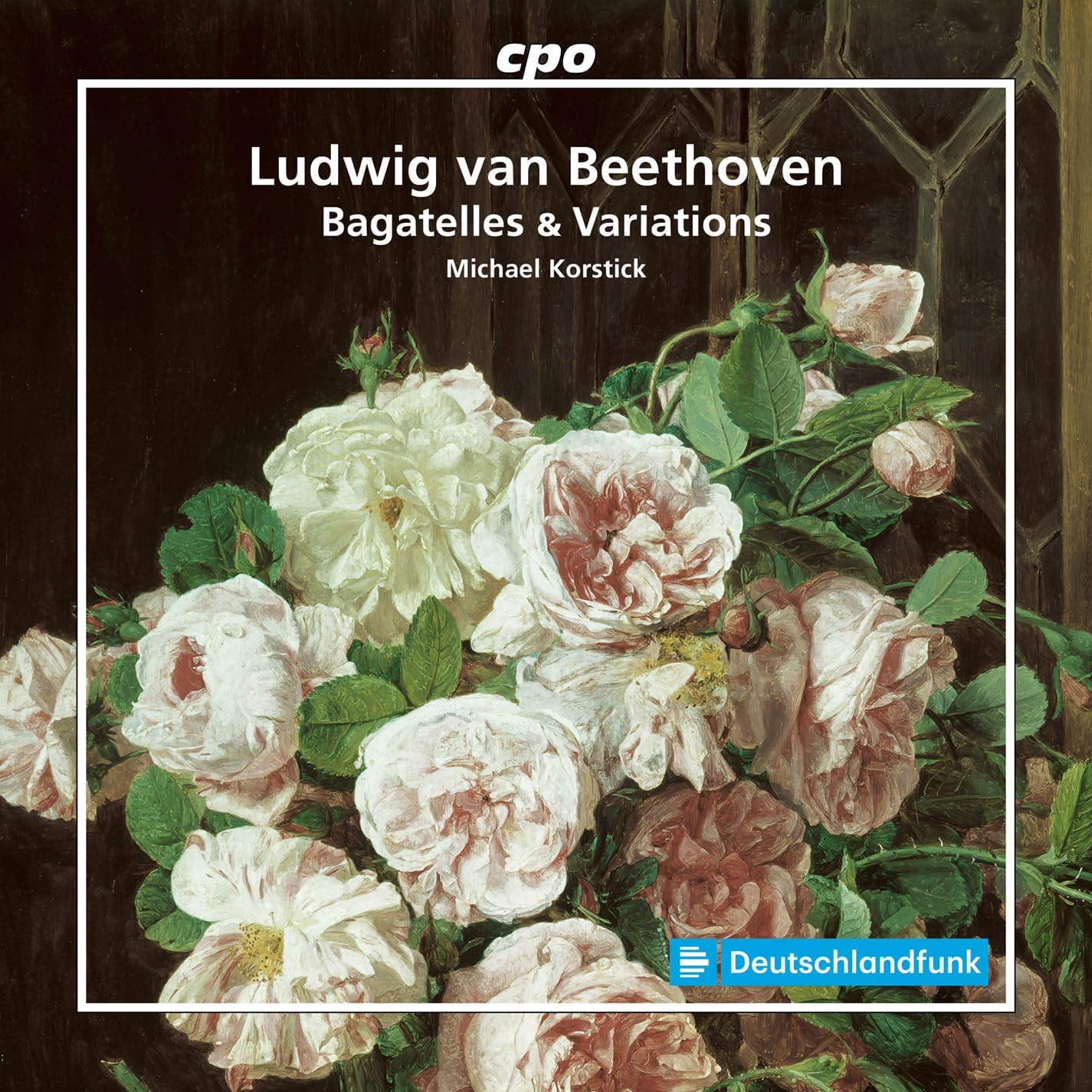 CD cover: still life painting of white roses, Beethoven music.