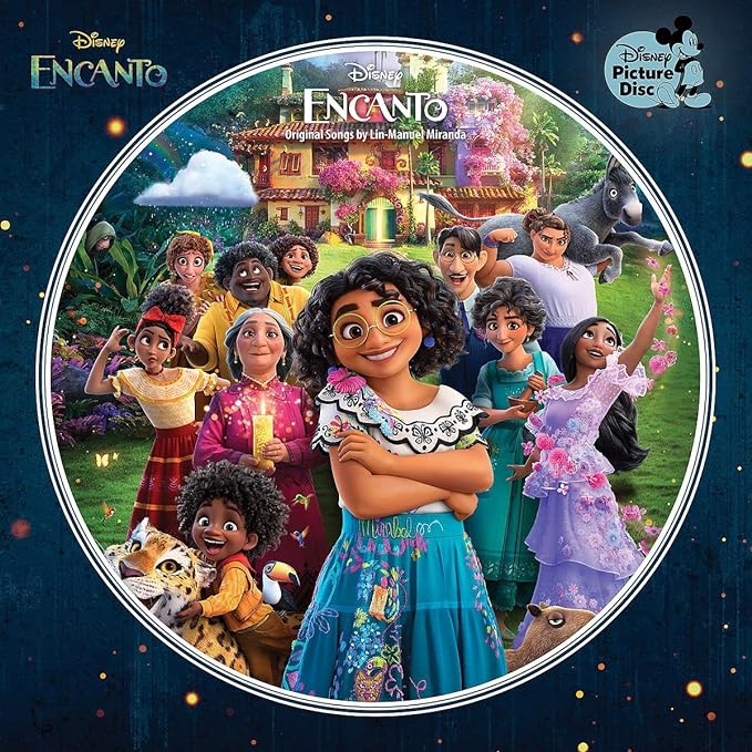 Vinyl record cover with cartoon characters from Encanto in colorful outfits and a house.