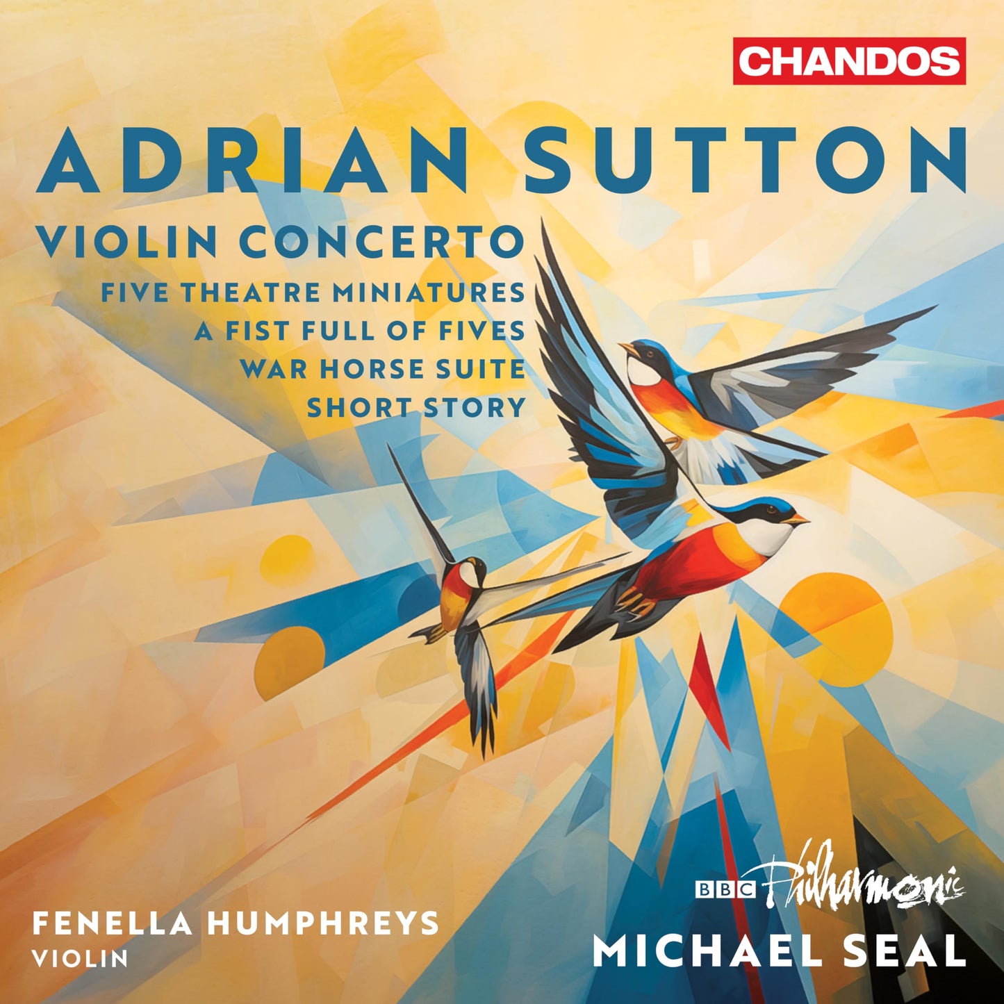 CD cover for Adrian Sutton’s Violin Concerto with bird illustration.