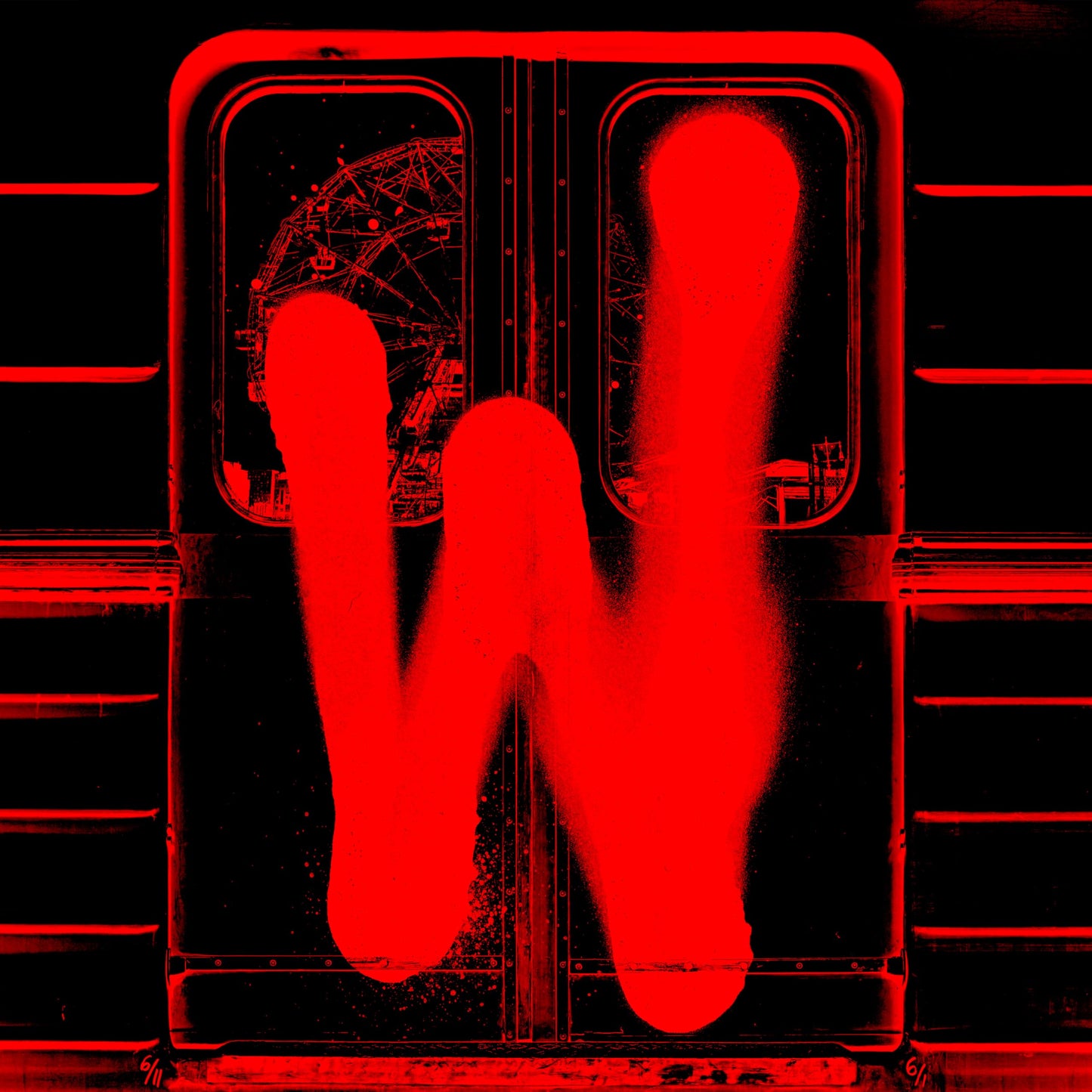 Red "W" design over a blurred cityscape, likely album artwork.