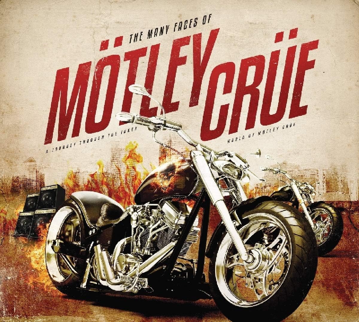 CD cover for “The Many Faces of Mötley Crüe” featuring a motorcycle.