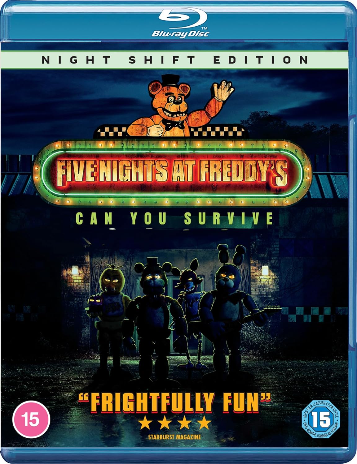 Five Nights at Freddy's" Blu-ray cover featuring animatronic characters in darkness.