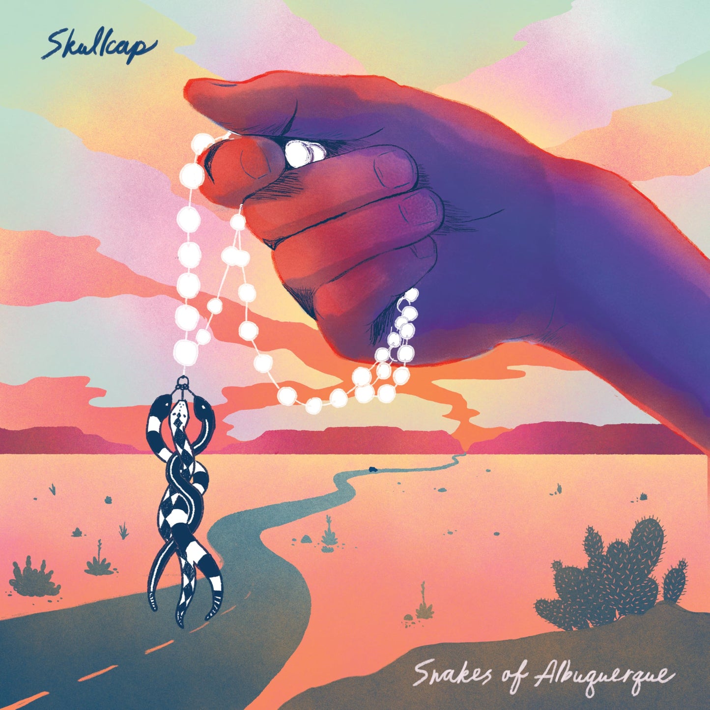 CD cover: hand holding beads over desert landscape with a snake figure.