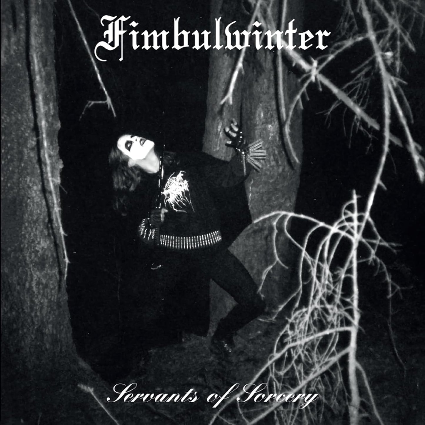Black and white album cover featuring a figure with outstretched hands in a forest.
