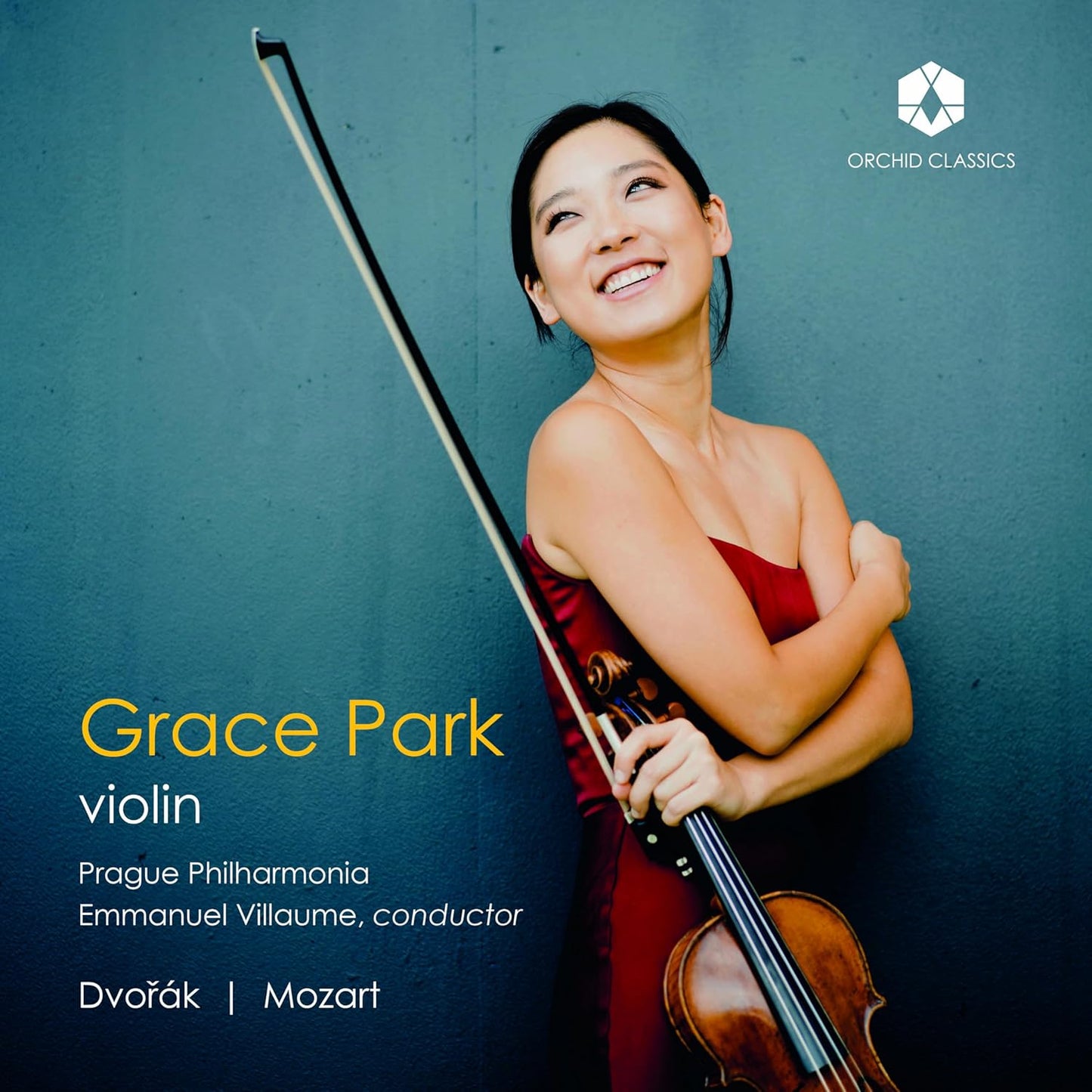 CD cover featuring violinist Grace Park in red, with blue background.