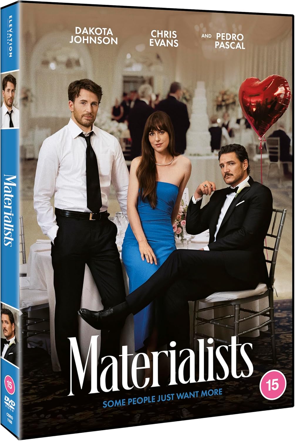 DVD cover for "Materialists" featuring Dakota Johnson, Chris Evans, and Pedro Pascal.