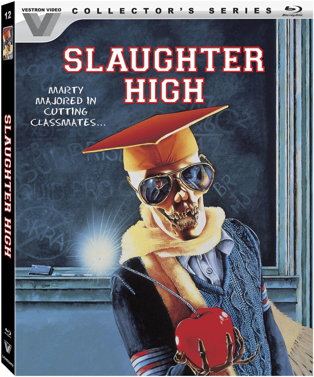Slaughter High" Blu-ray cover featuring a masked figure holding a bleeding heart.