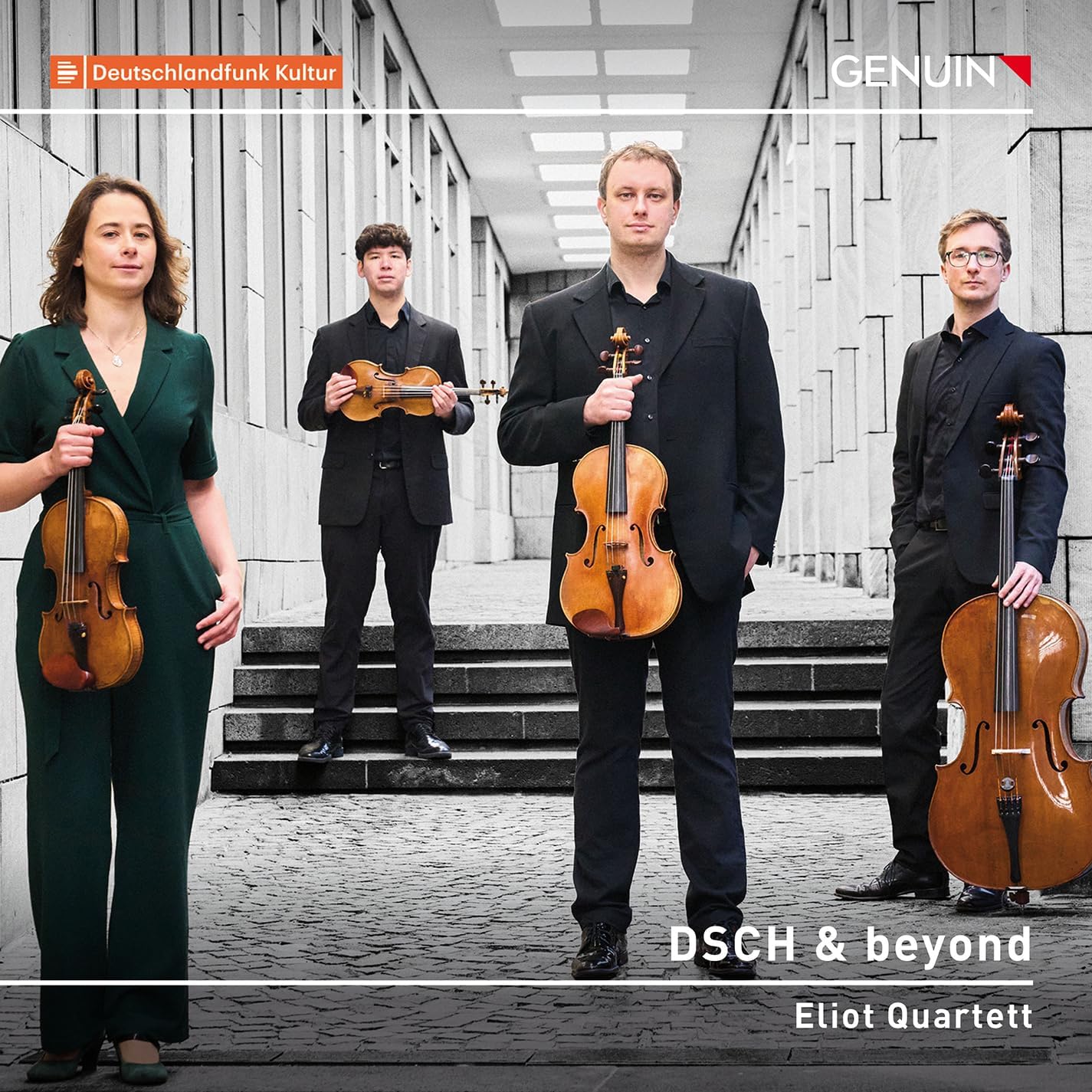 Eliot Quartet, four musicians with string instruments, standing on stairs.