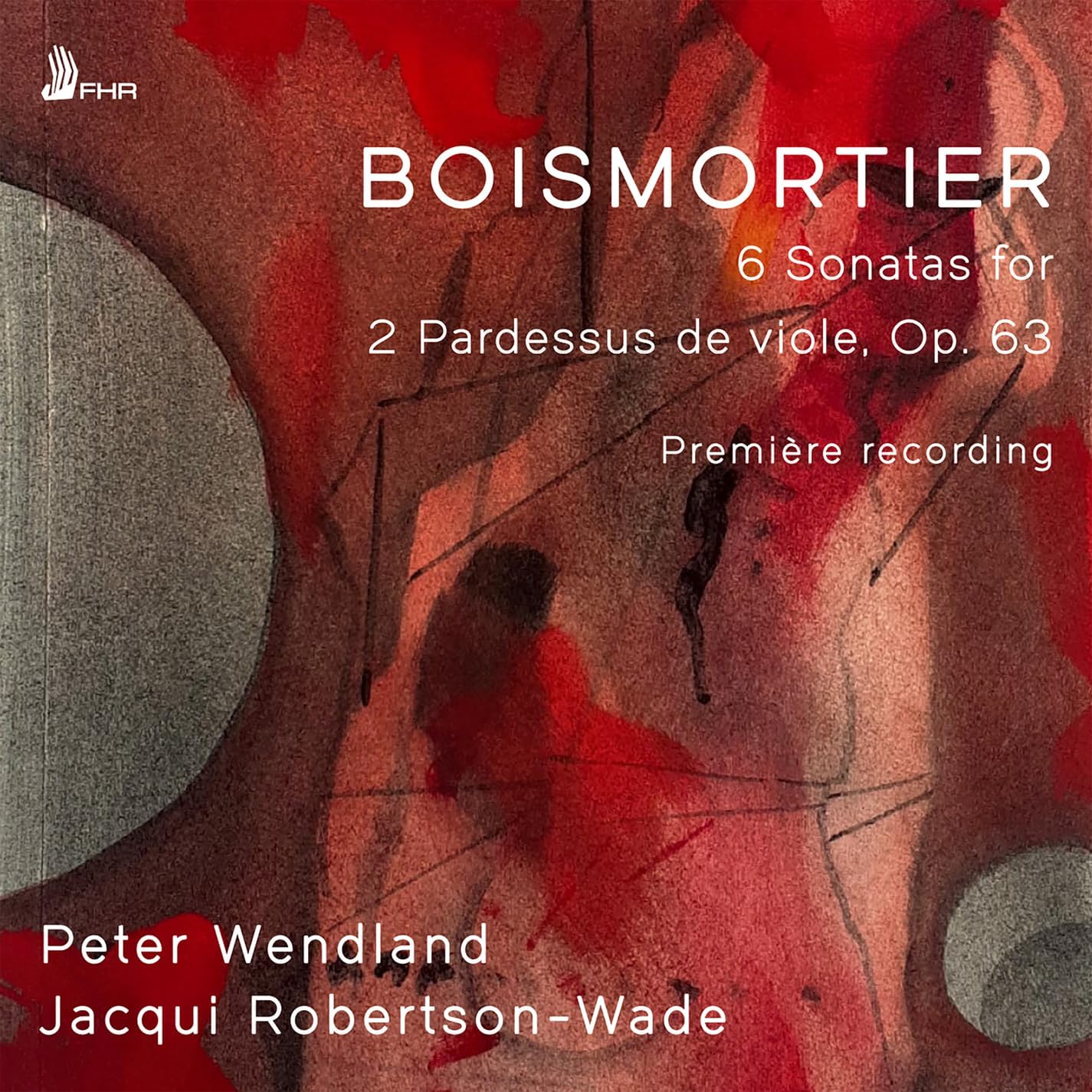 CD cover for Boismortier’s “6 Sonatas” with red and black abstract art.