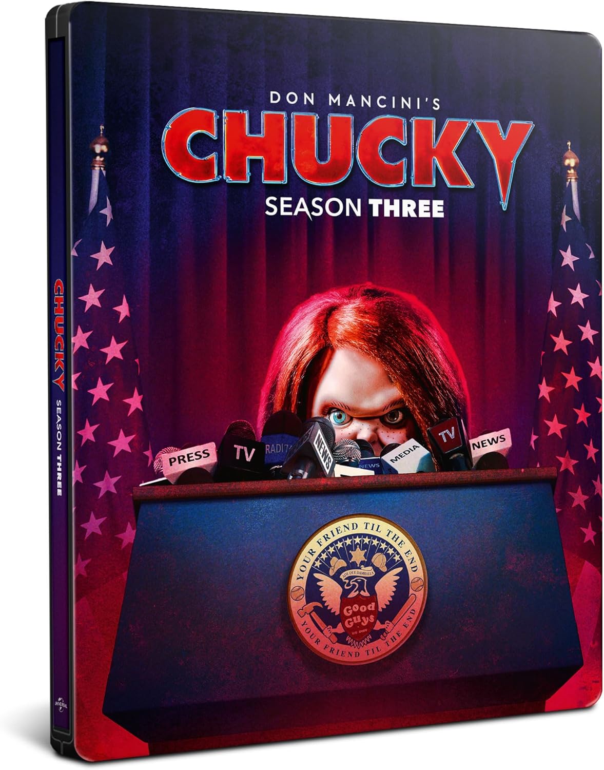 Blu-ray case for "Chucky Season 3" featuring a menacing Chucky doll.