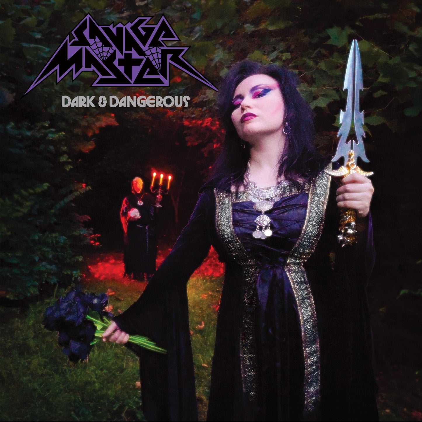 Album cover: woman in dark clothing holding a dagger and black roses.