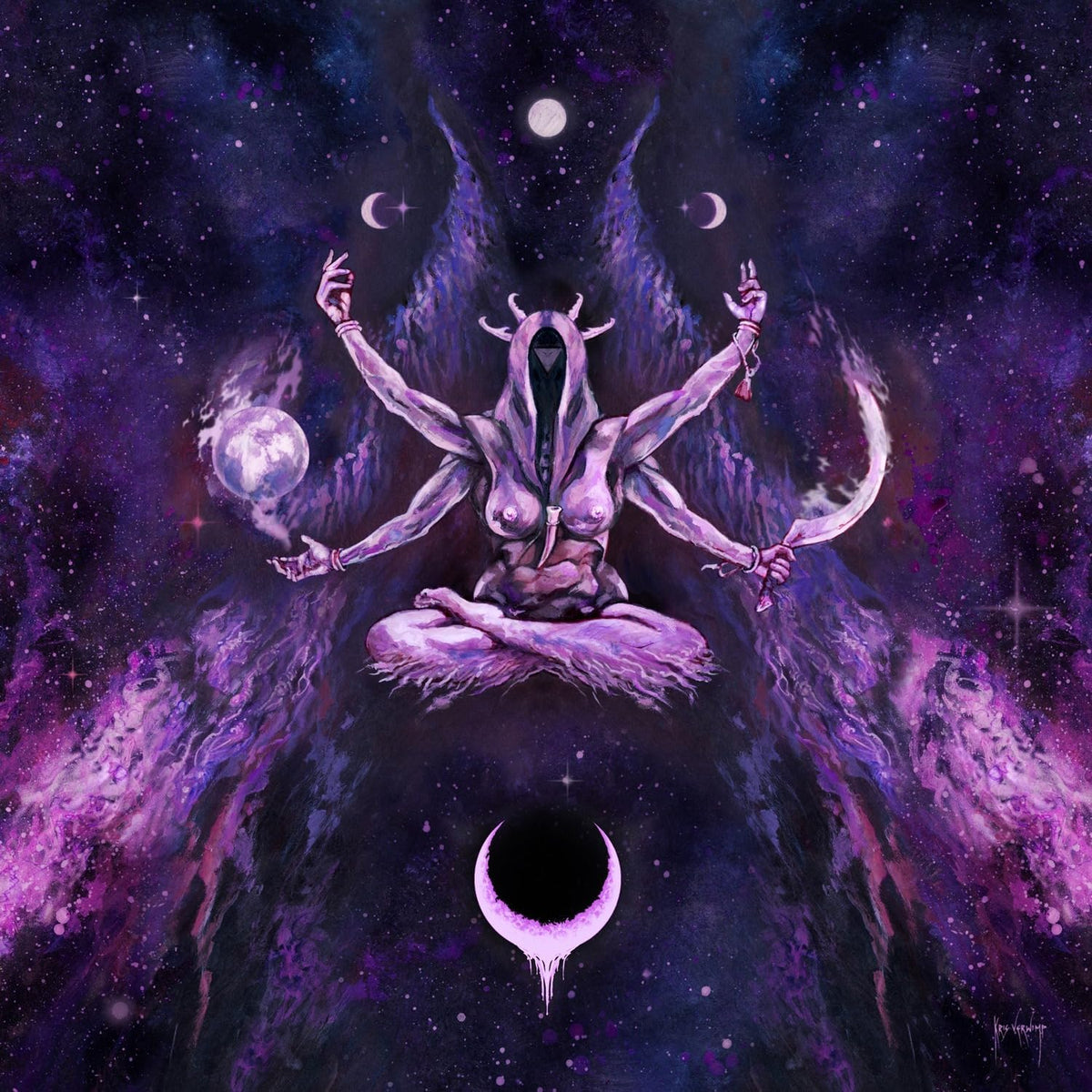 Purple and blue cosmic illustration of a multi-armed, horned figure.