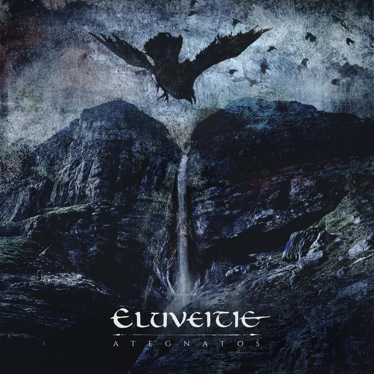 Eluveitie album cover: dark landscape with a bird and waterfall.