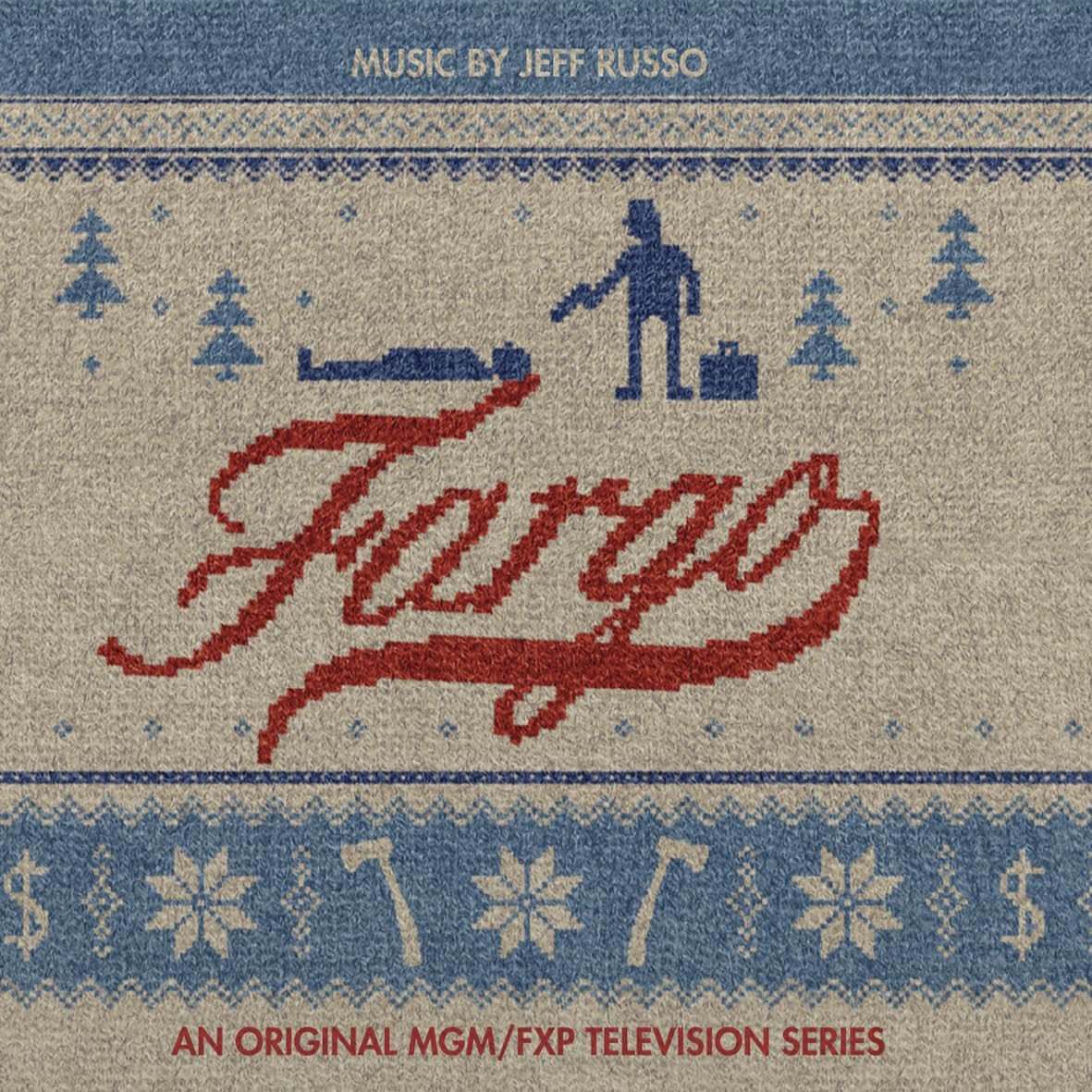 Fargo soundtrack cover featuring a red knitted logo on a beige sweater-like background.