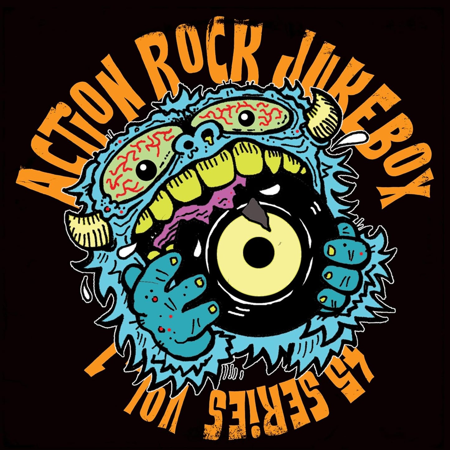 Cartoon blue monster with bloodshot eyes eating a vinyl record against a black background.