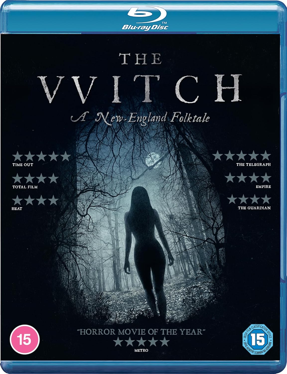 Blu-ray cover for "The Witch" featuring a lone figure in a dark forest.