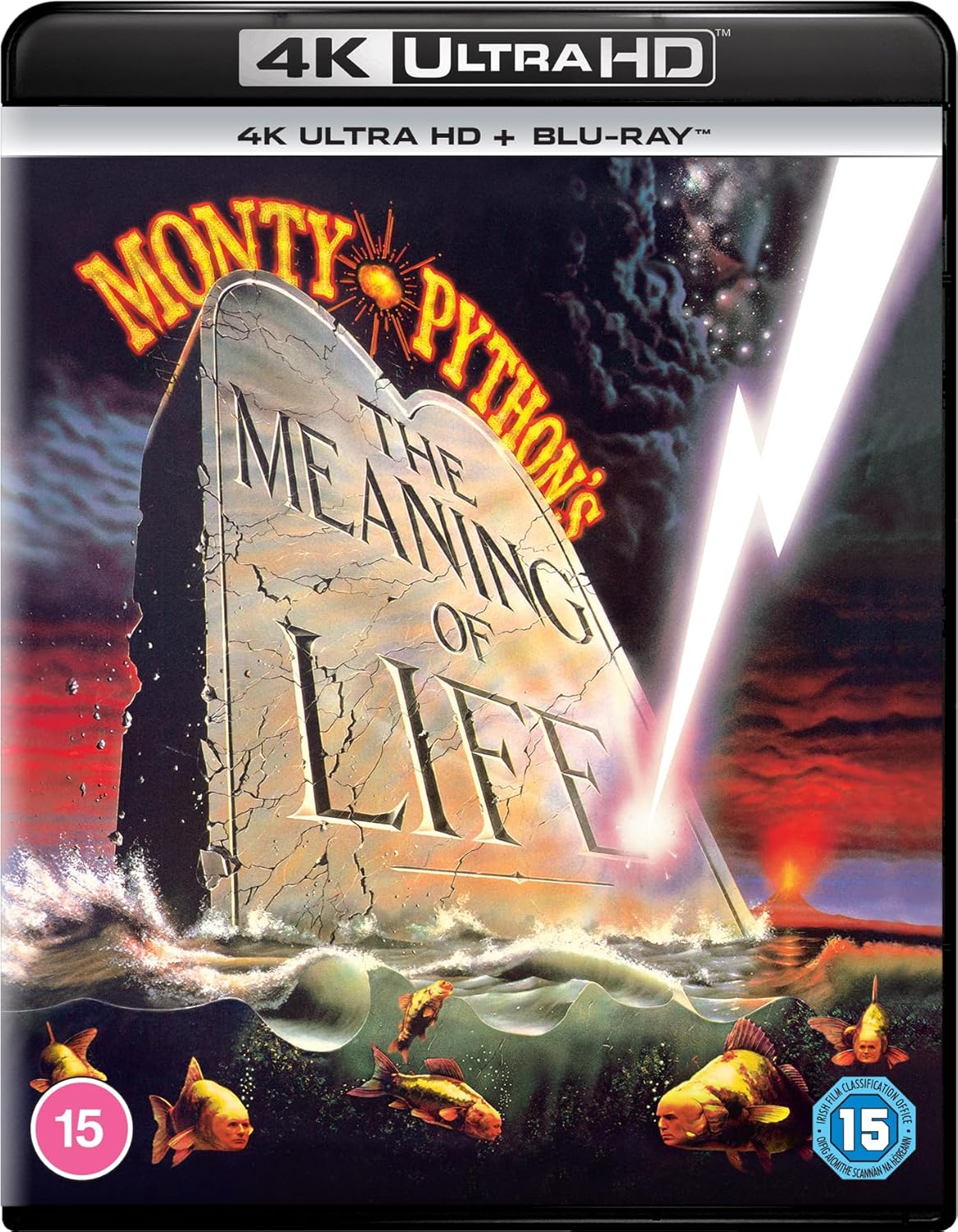 The Meaning of Life" Blu-ray cover with stone tablet and fish.