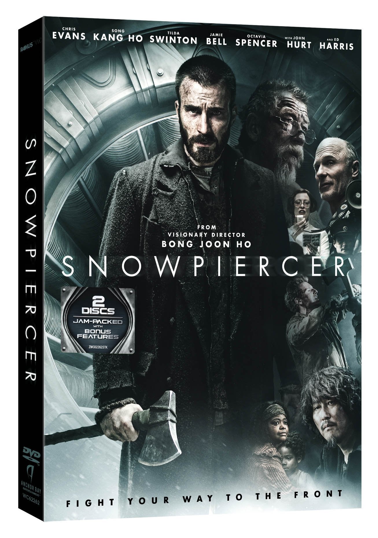 Snowpiercer" DVD cover featuring Chris Evans and cast in a dystopian scene.