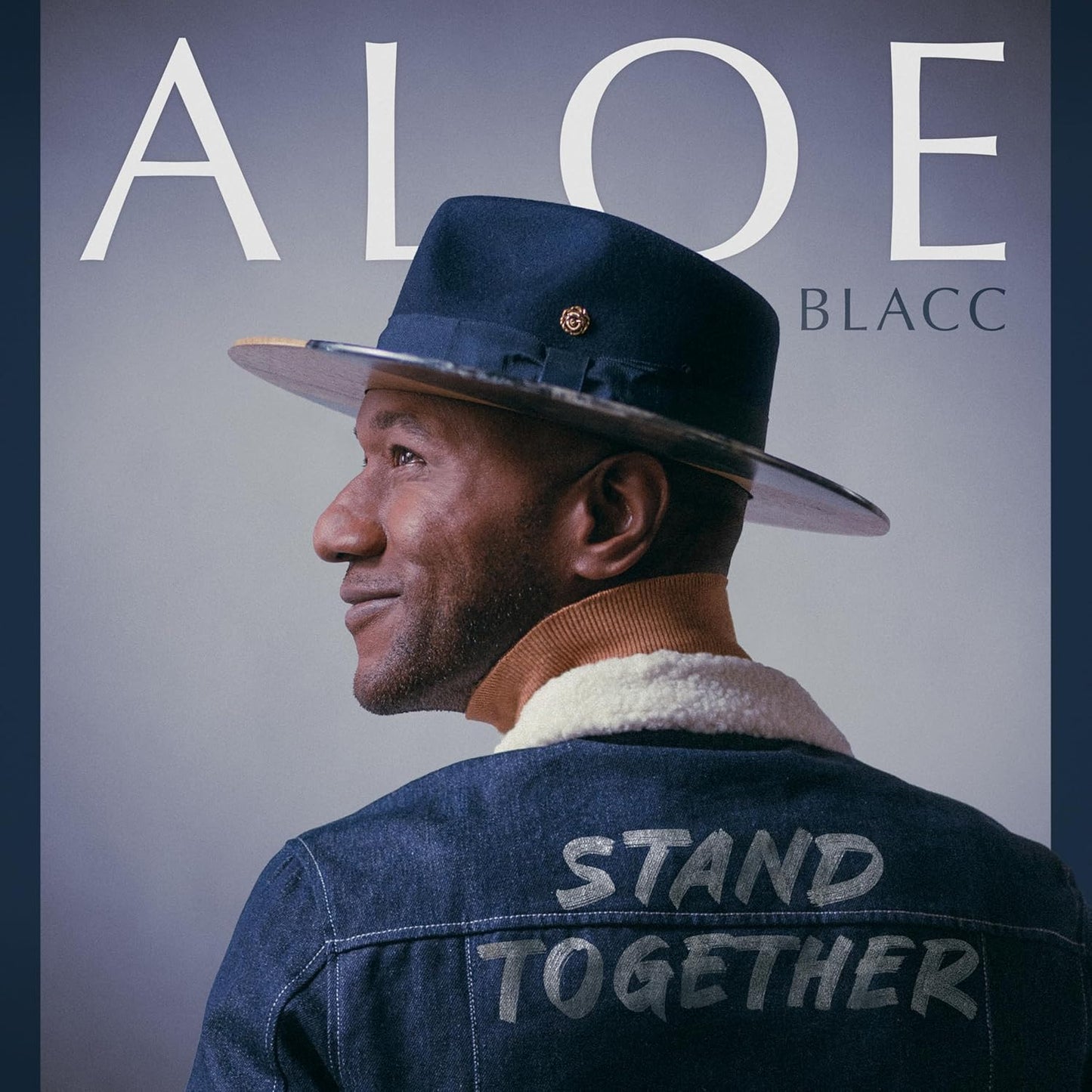 Aloe Blacc album “Stand Together” on vinyl record, black cover art.