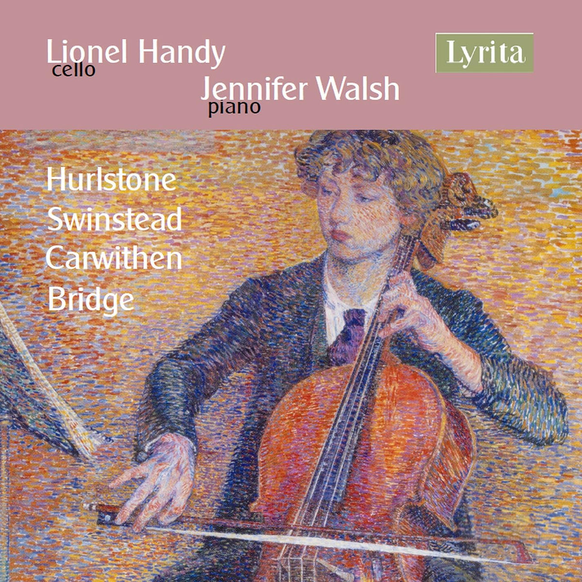 CD cover: cellist Lionel Handy playing, painted in a pointillist style.