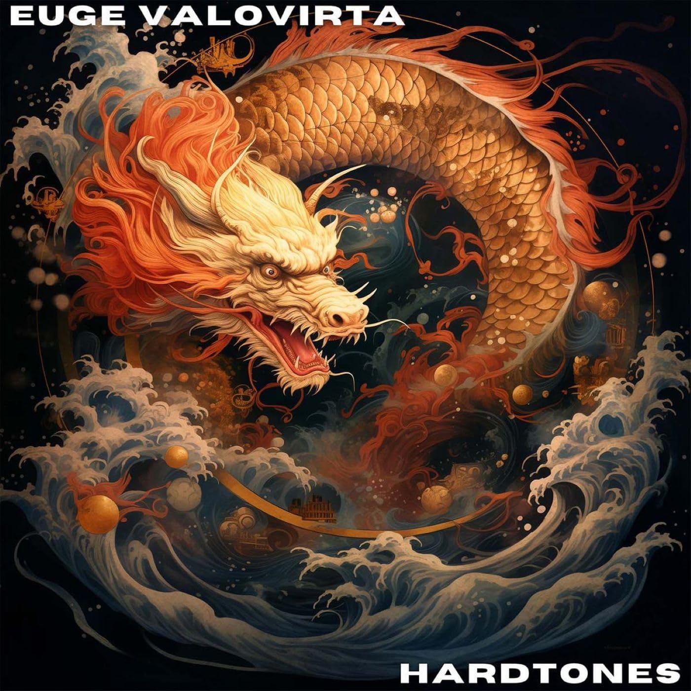 Album cover for "Hardtones" by Euge Valovirta featuring a golden dragon.