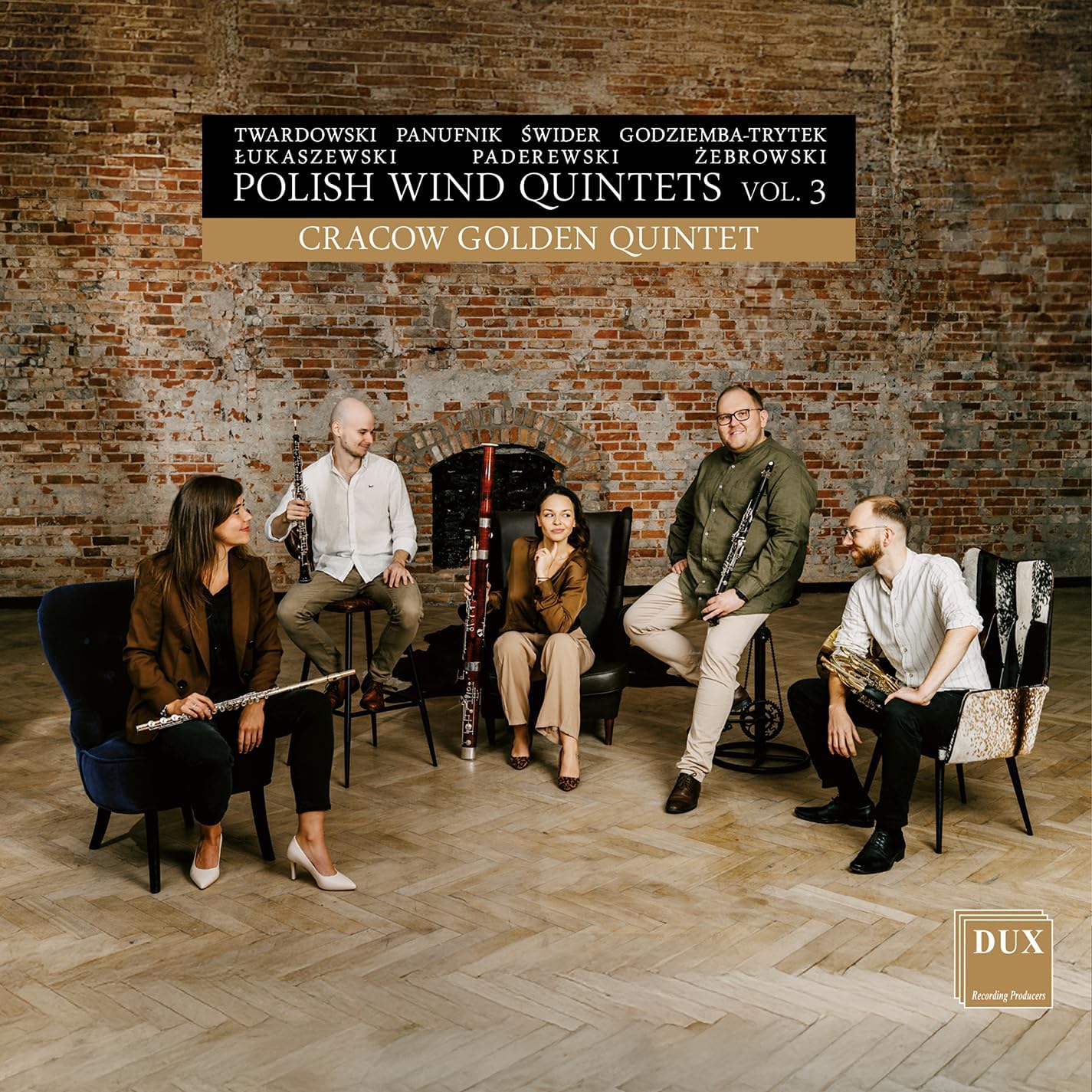 CD cover featuring five musicians with wind instruments, brick wall background.