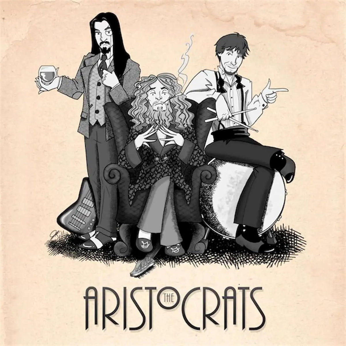 Sketch of three musicians with instruments, album cover for The Aristocrats.