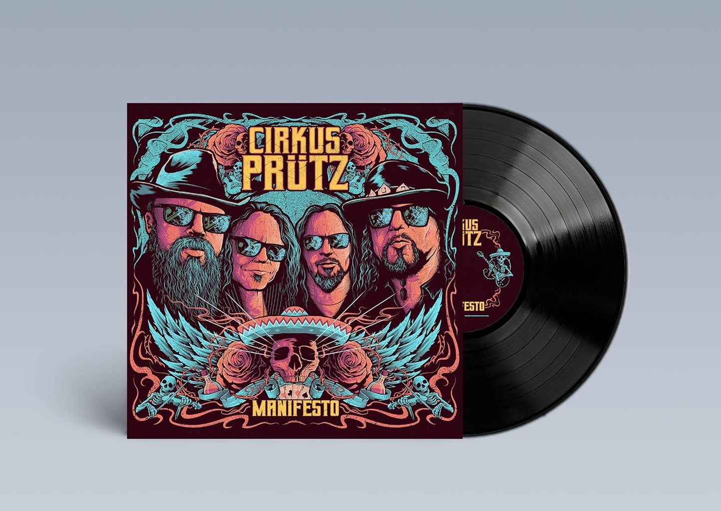 Vinyl record and cover art featuring four musicians wearing sunglasses.