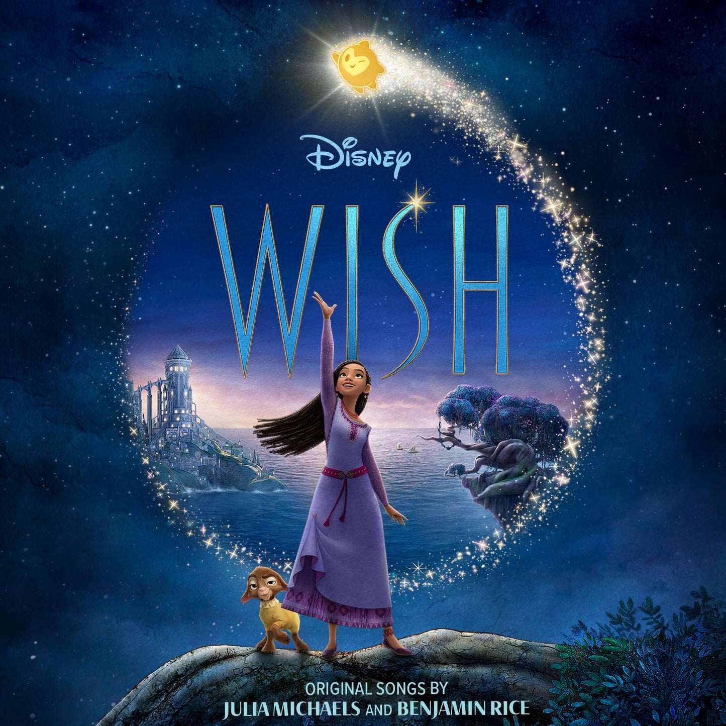 Disney’s “Wish” CD cover featuring Asha and Star, with a coastal town backdrop.