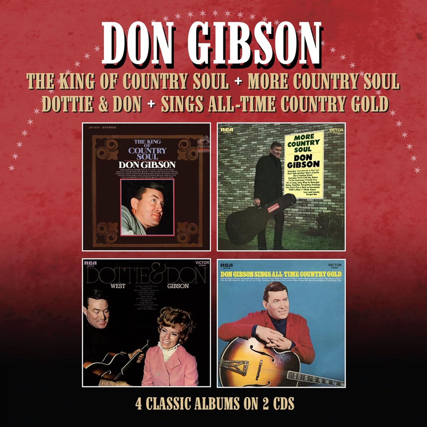CD packaging featuring Don Gibson and Dottie West album covers on a red background.