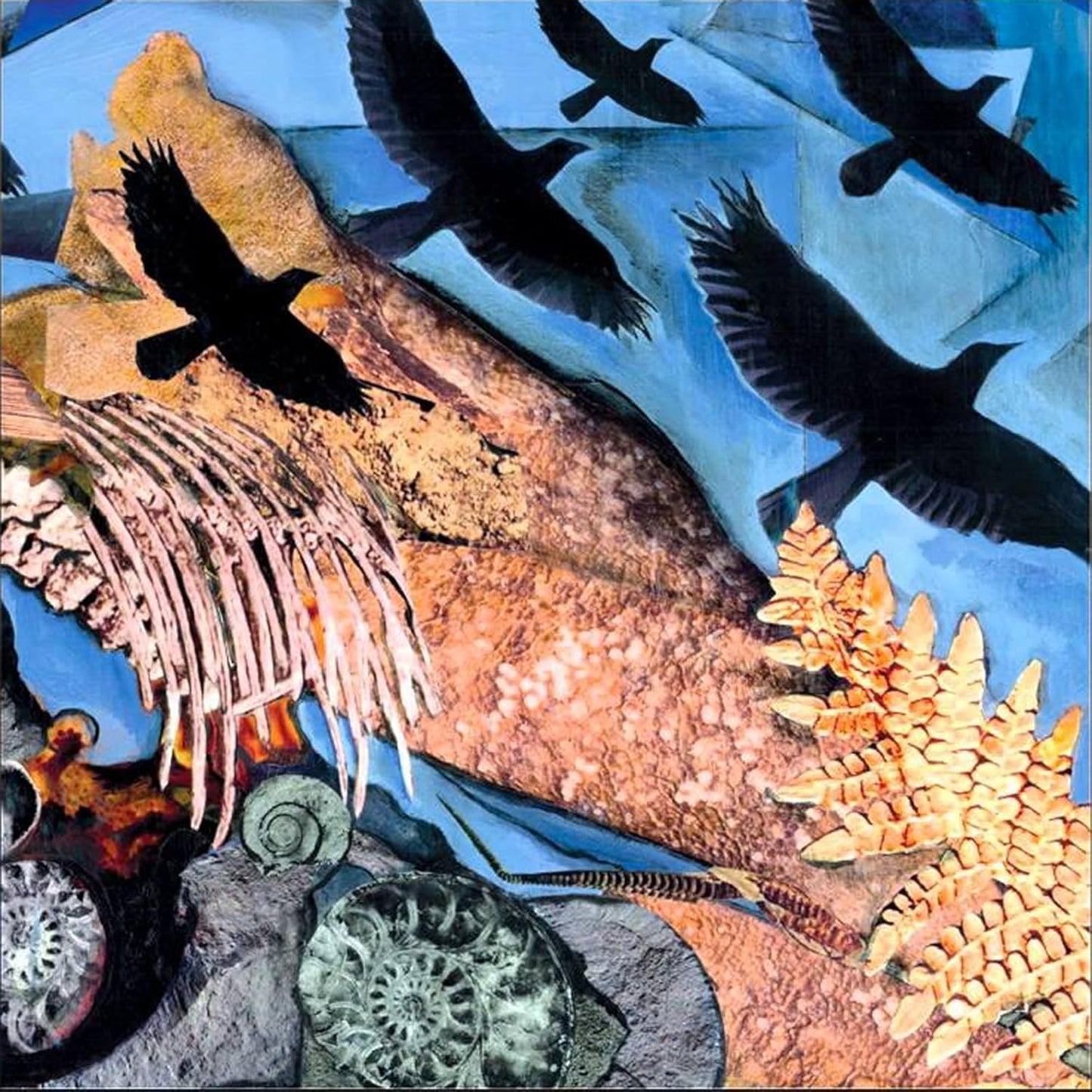 Album cover with birds, fossils, and textured collage elements.