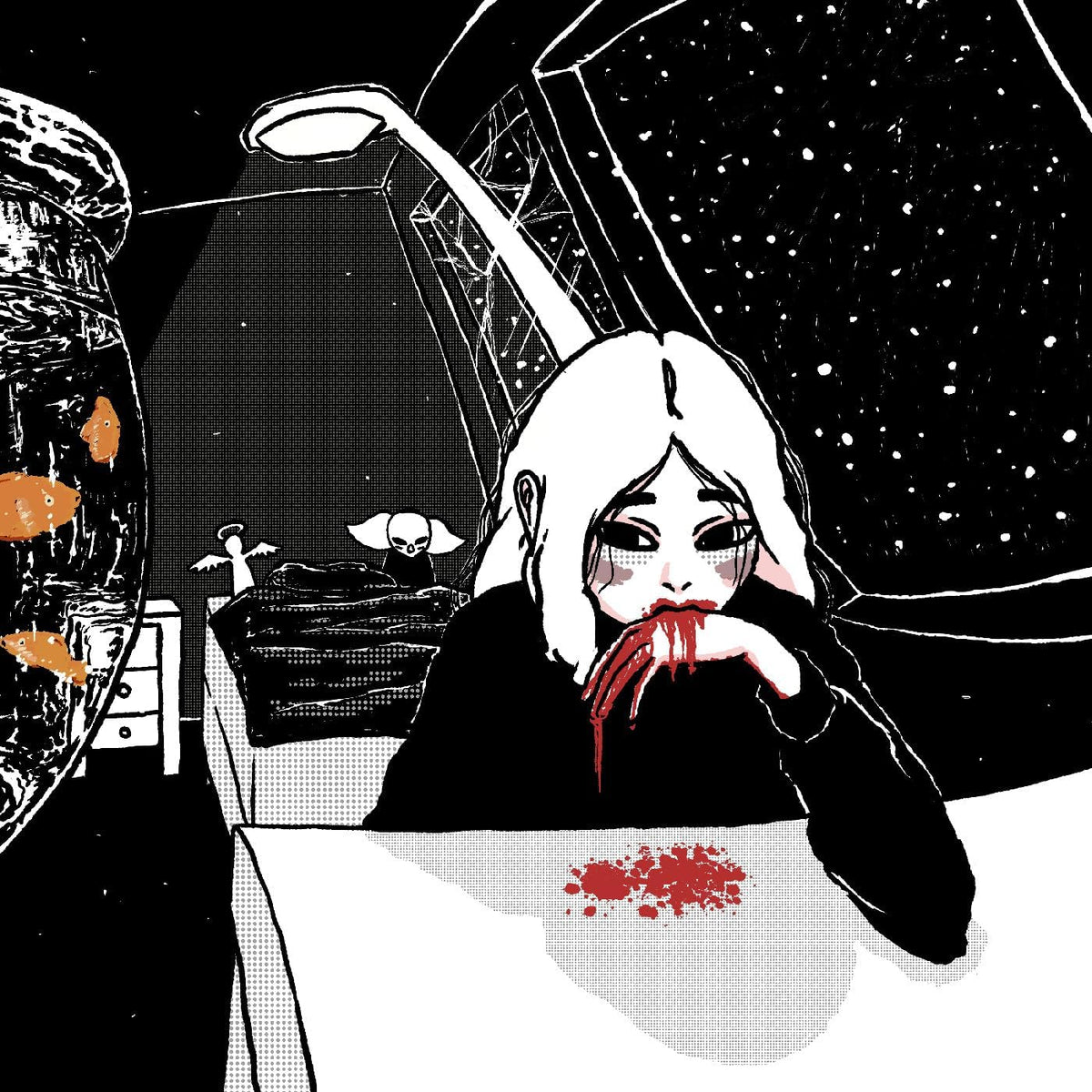Black and white illustration of a person with blood on their face.