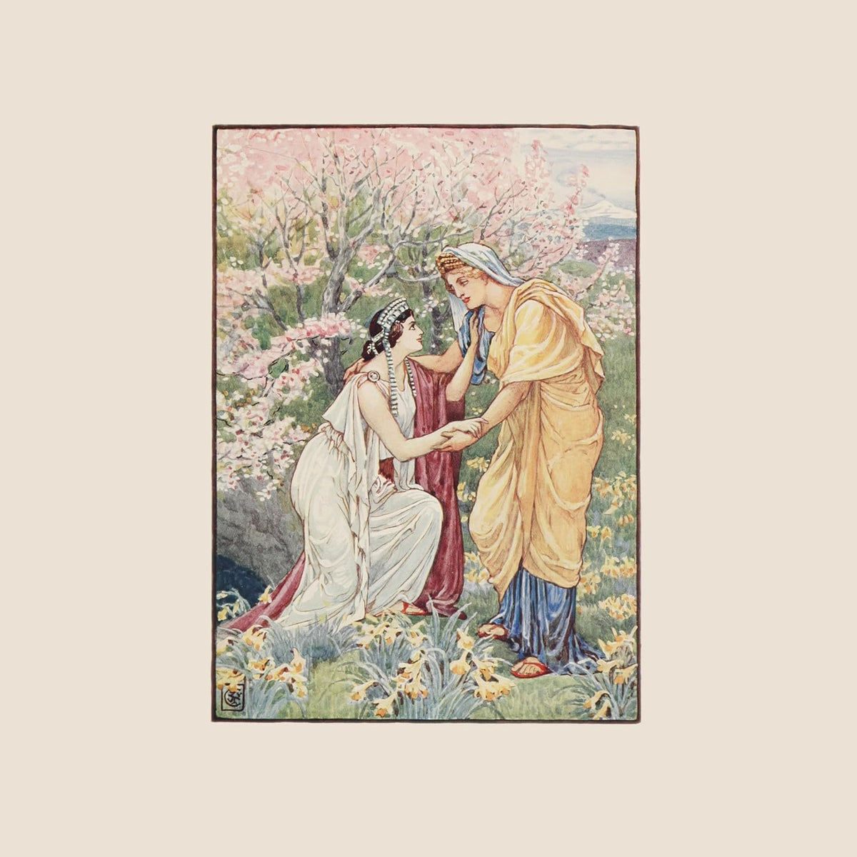Vintage illustration of two women in robes holding hands in a garden.