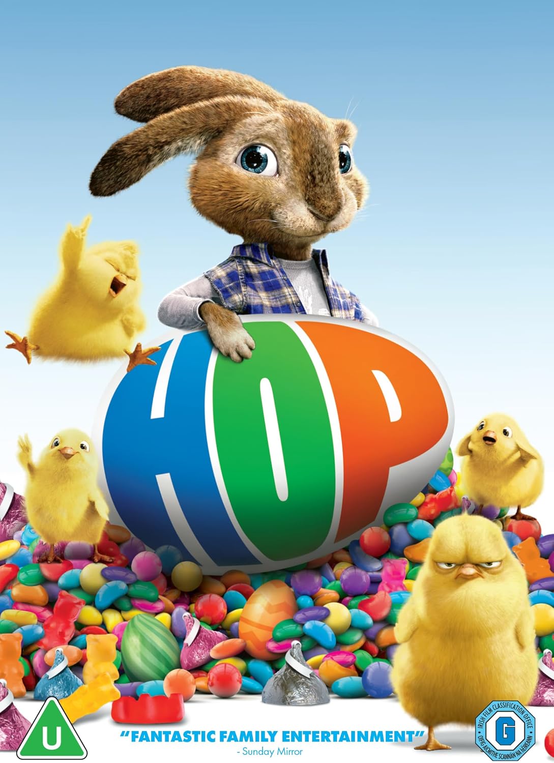 DVD cover for "Hop" featuring a large bunny and chicks with Easter eggs.