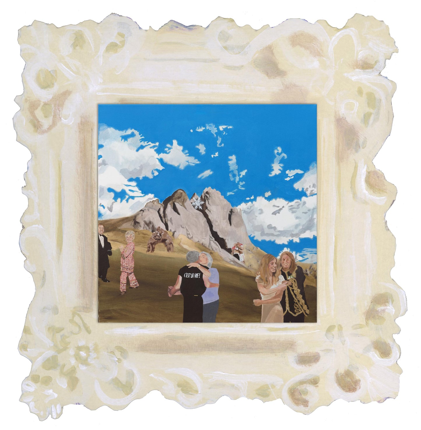 Painting of mountains and figures with a decorative, ornate frame.