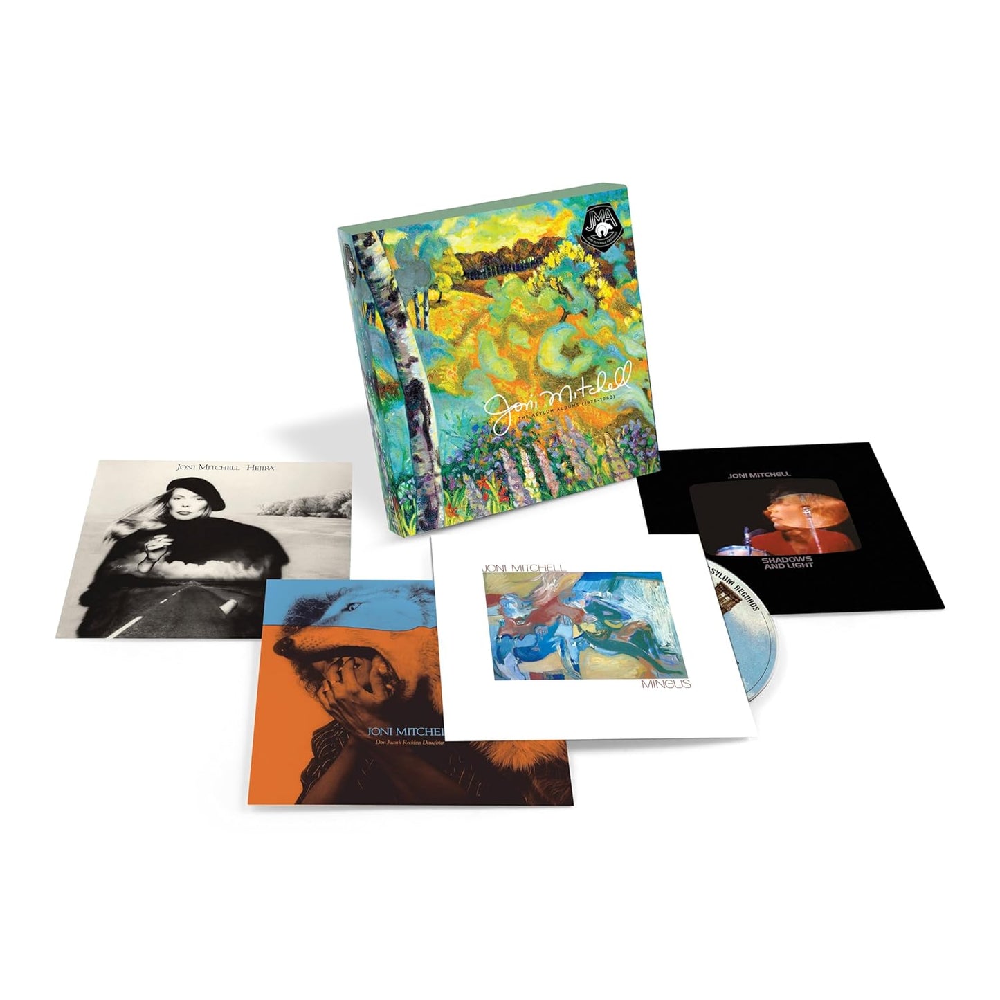 Joni Mitchell CD box set with album covers and a colorful design.