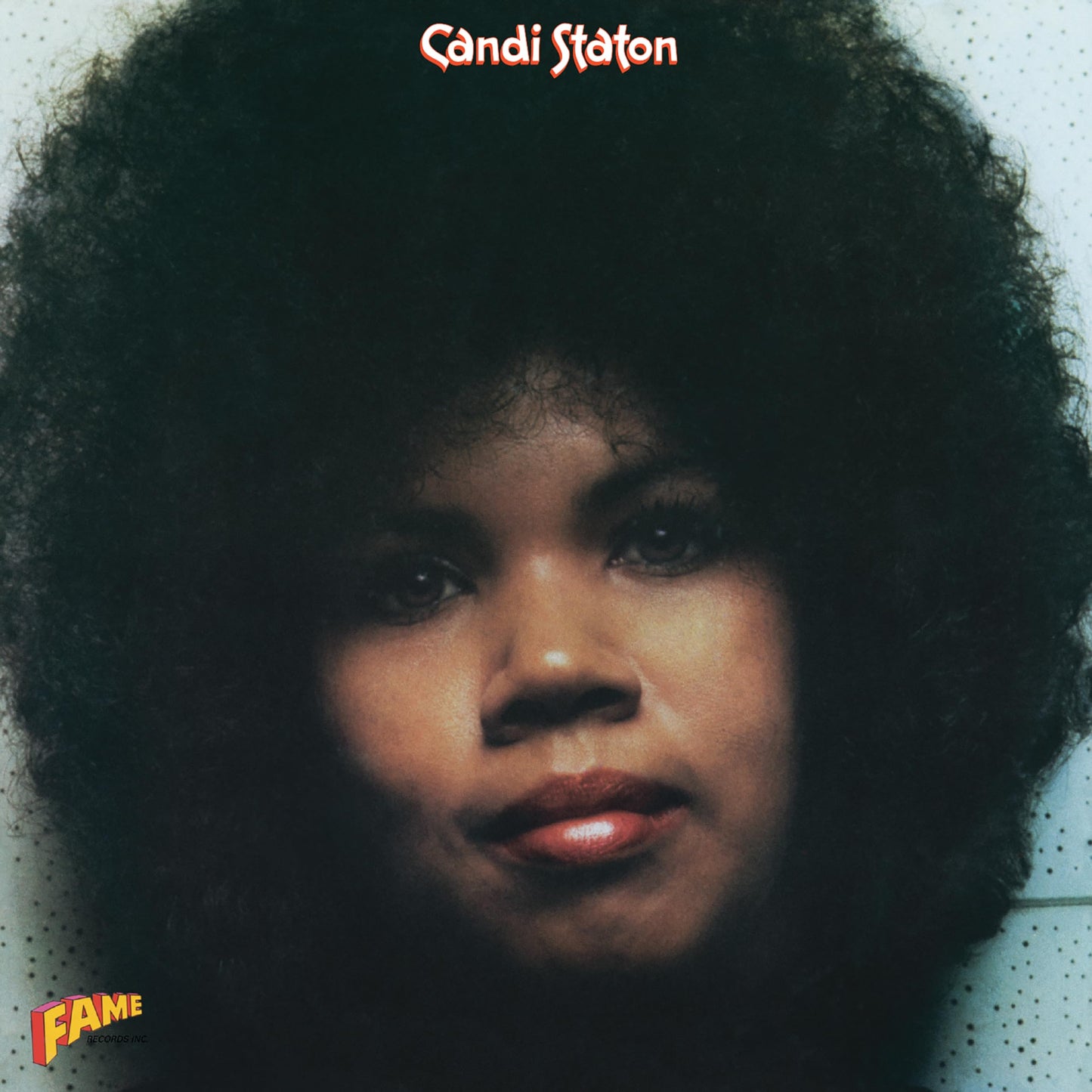 Close-up portrait of Candi Staton with afro hair, album cover art.