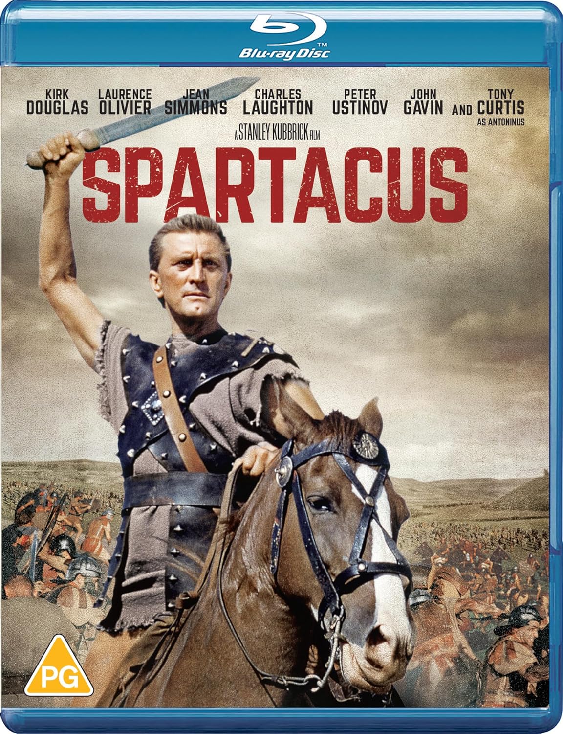 Kirk Douglas on horseback holding a sword aloft on the Spartacus Blu-ray cover.