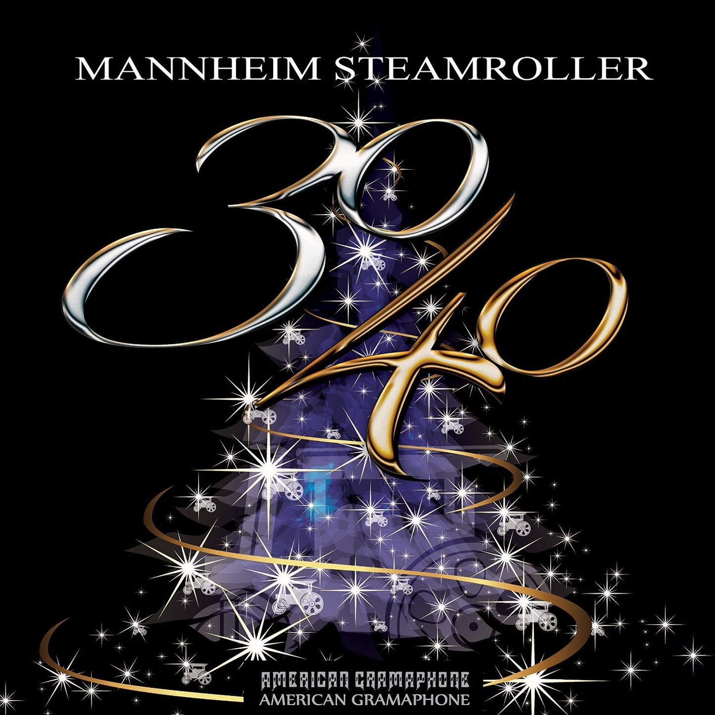 CD cover for “30/40” with silver lettering, fireworks, and a record player.