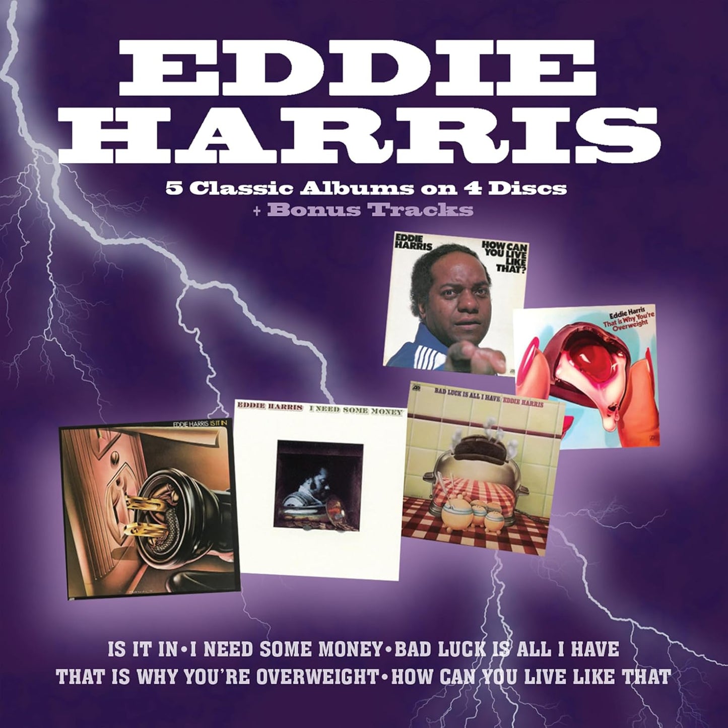 Eddie Harris album cover featuring stacked records and lightning bolts.