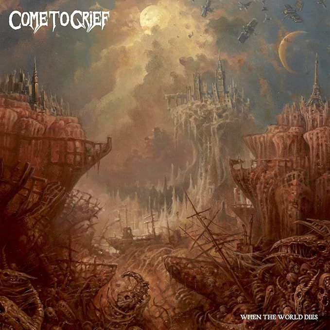Album cover: dystopian cityscape ruins with airships and a fiery sky.