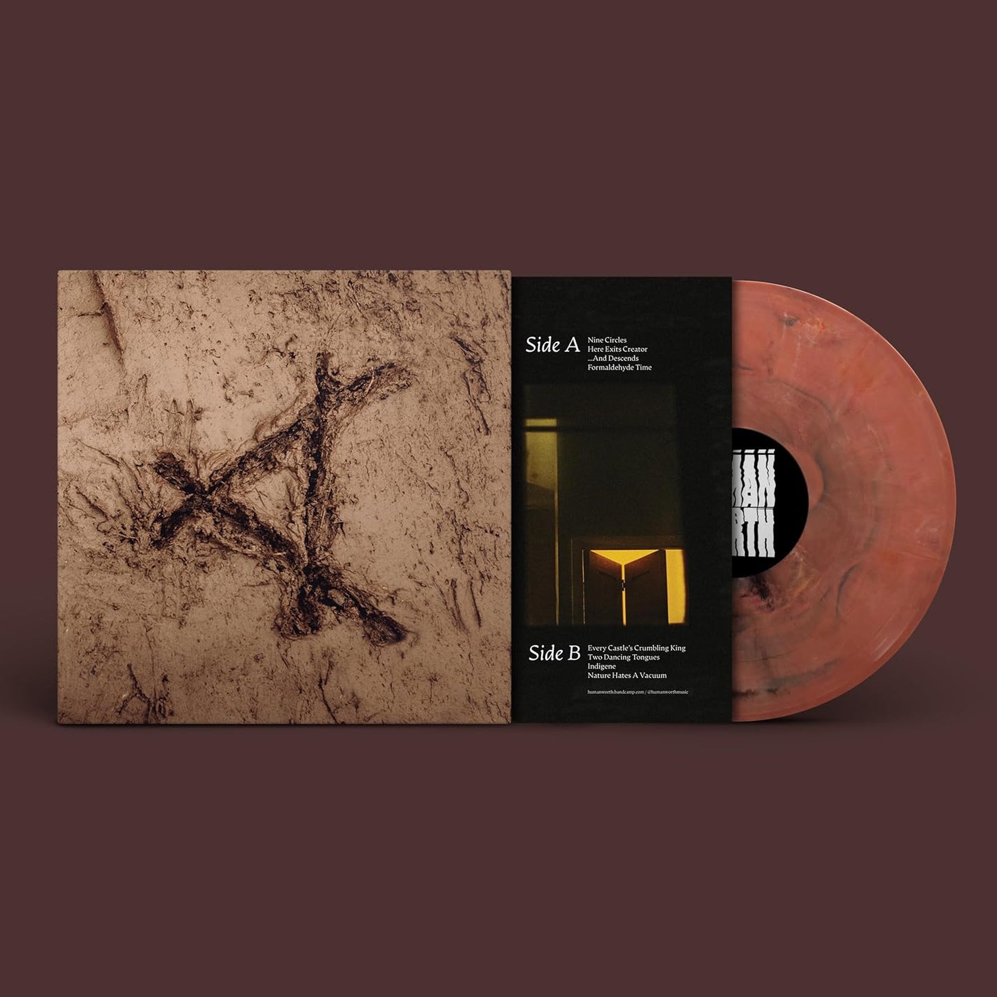 Vinyl record cover with a muddy texture and tracklist details.