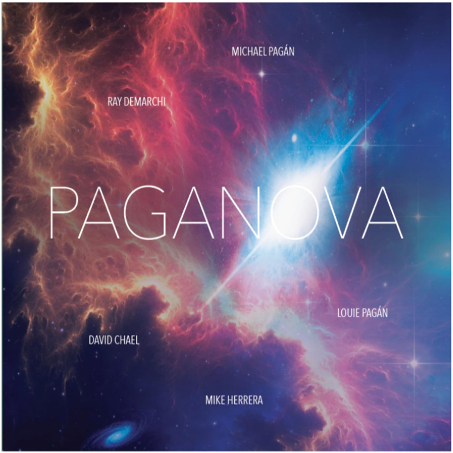 CD cover for Michael Pagán’s “Paganova” with cosmic, fiery imagery.