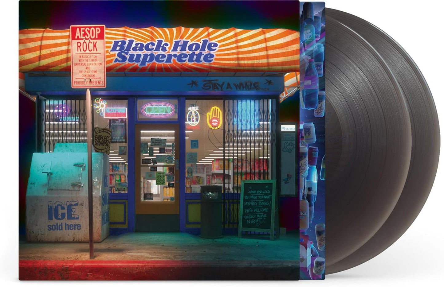 Aesop Rock album cover depicting a brightly lit, illustrated corner store scene.